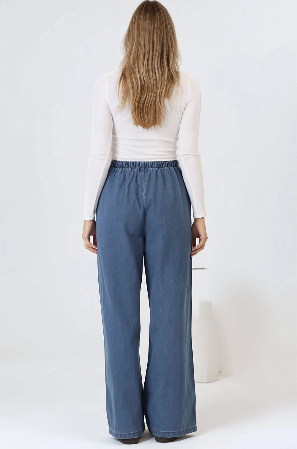 Zayne Pants - High Waisted Wide Leg Pants with Star Side Strip in Mid Denim Blue