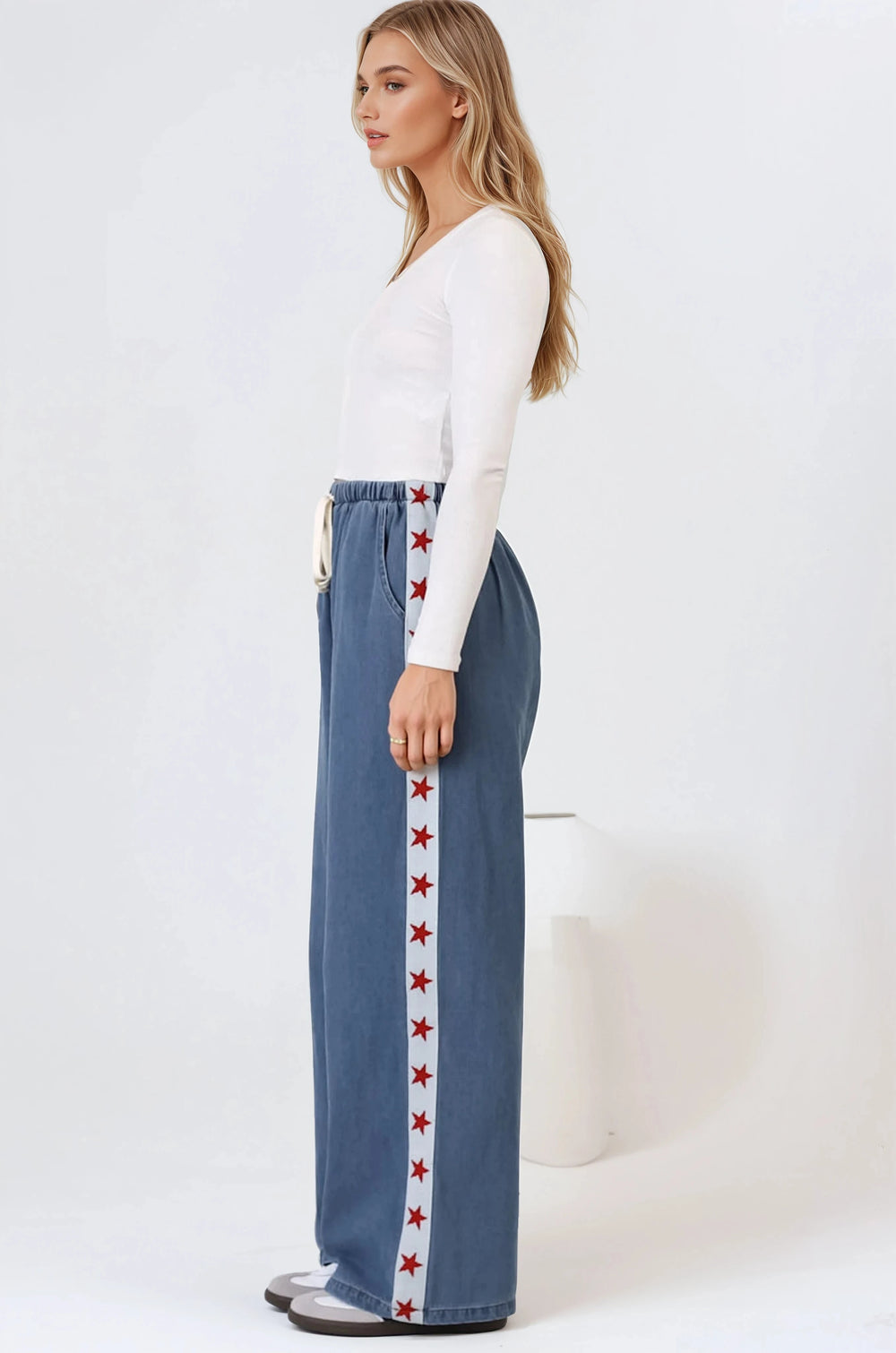 Zayne Pants - High Waisted Wide Leg Pants with Star Side Strip in Mid Denim Blue