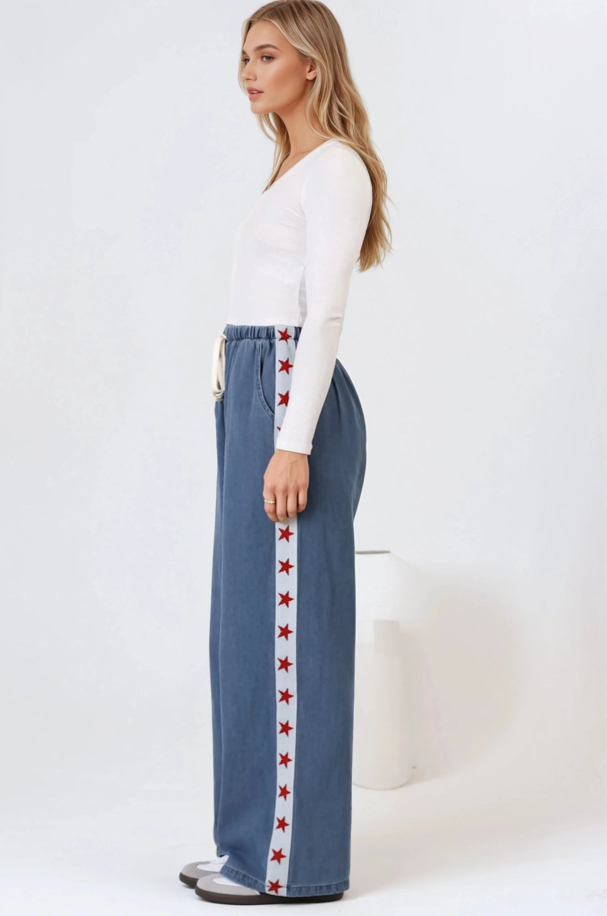 Zayne Pants - High Waisted Wide Leg Pants with Star Side Strip in Mid Denim Blue