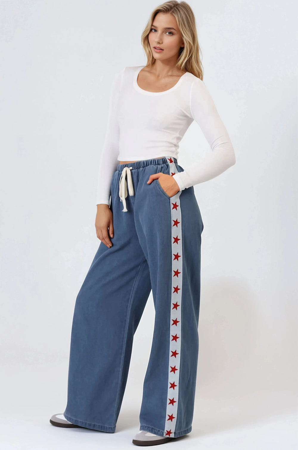 Zayne Pants - High Waisted Wide Leg Pants with Star Side Strip in Mid Denim Blue