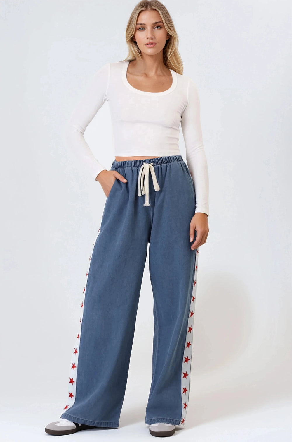 Zayne Pants - High Waisted Wide Leg Pants with Star Side Strip in Mid Denim Blue
