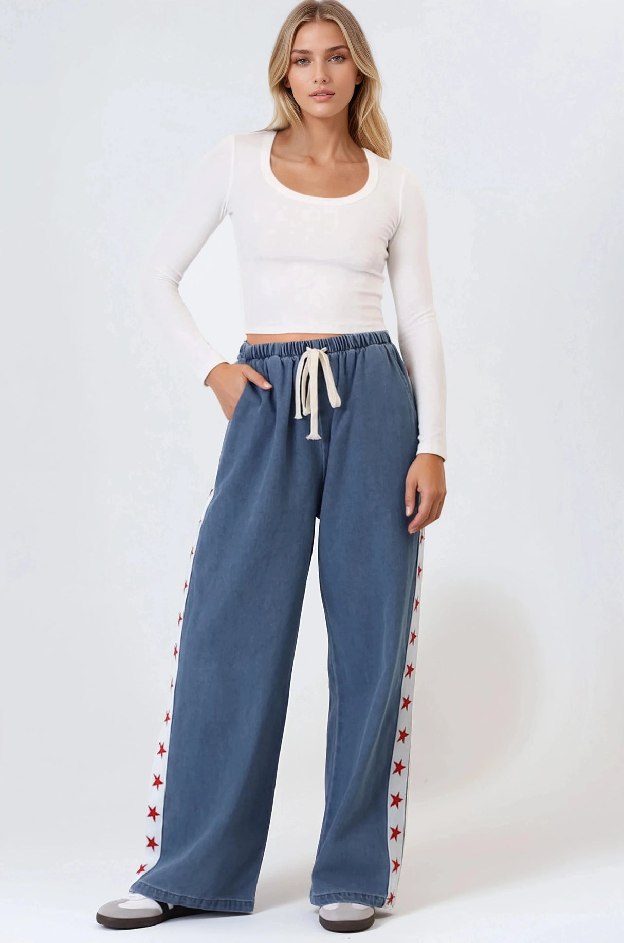 Zayne Pants - High Waisted Wide Leg Pants with Star Side Strip in Mid Denim Blue