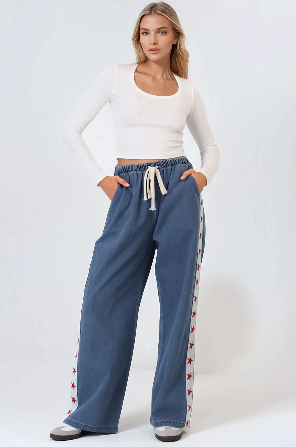 Zayne Pants - High Waisted Wide Leg Pants with Star Side Strip in Mid Denim Blue