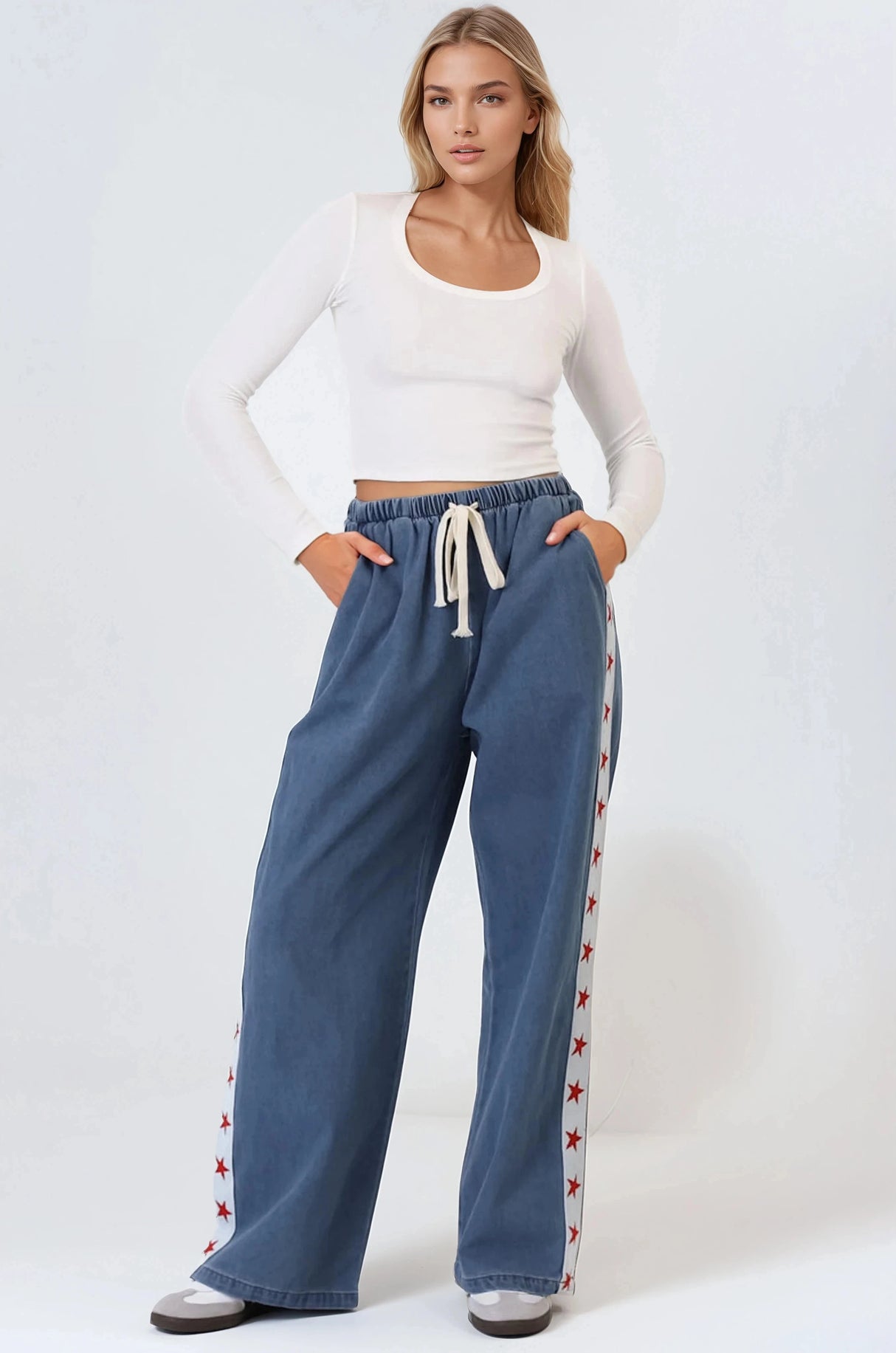 Zayne Pants - High Waisted Wide Leg Pants with Star Side Strip in Mid Denim Blue