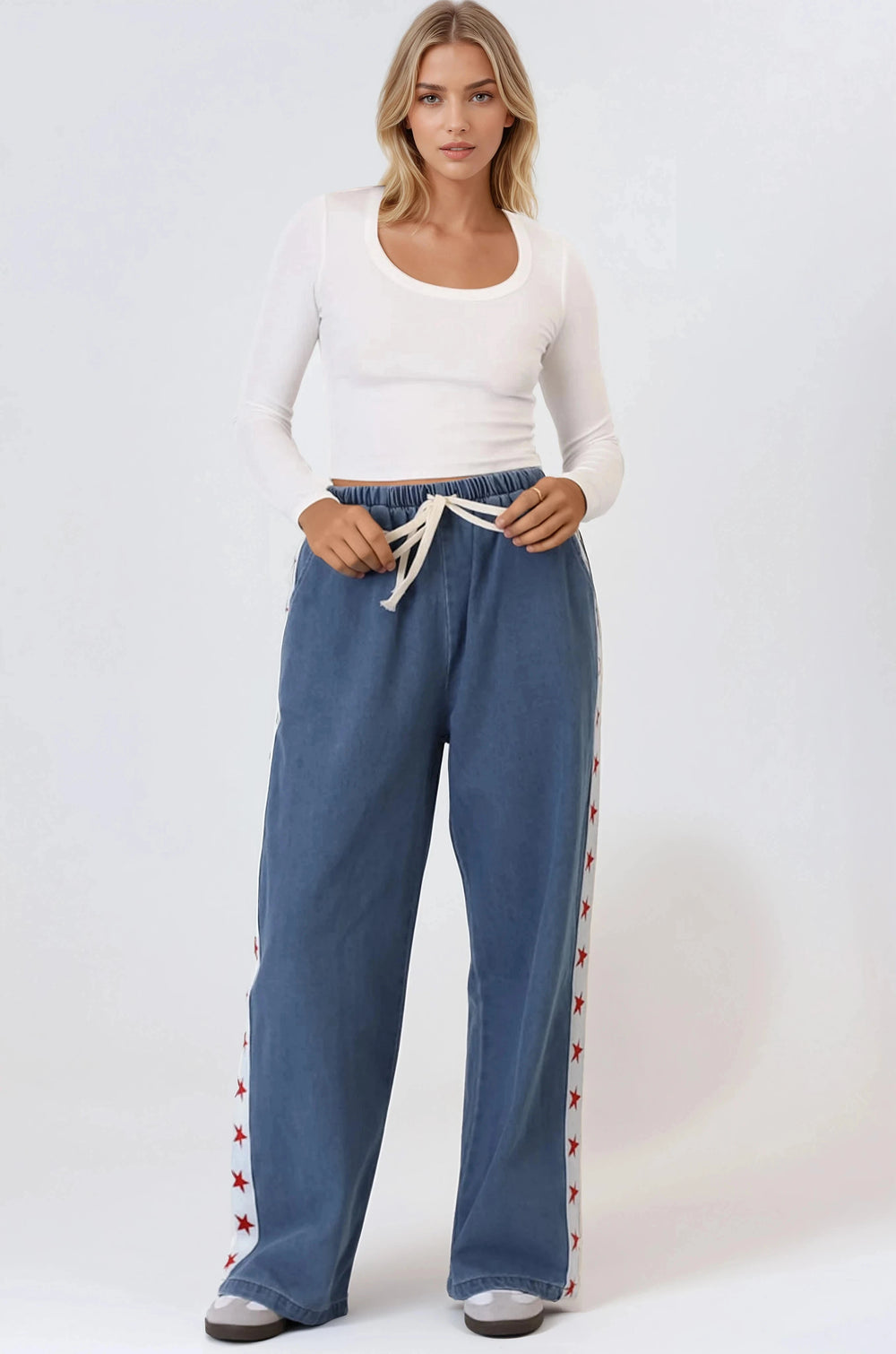 Zayne Pants - High Waisted Wide Leg Pants with Star Side Strip in Mid Denim Blue