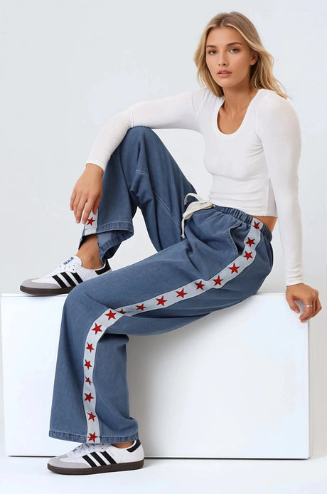 Zayne Pants - High Waisted Wide Leg Pants with Star Side Strip in Mid Denim Blue