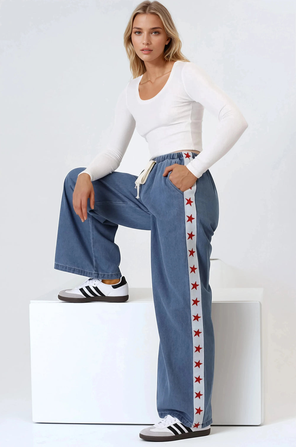 Zayne Pants - High Waisted Wide Leg Pants with Star Side Strip in Mid Denim Blue