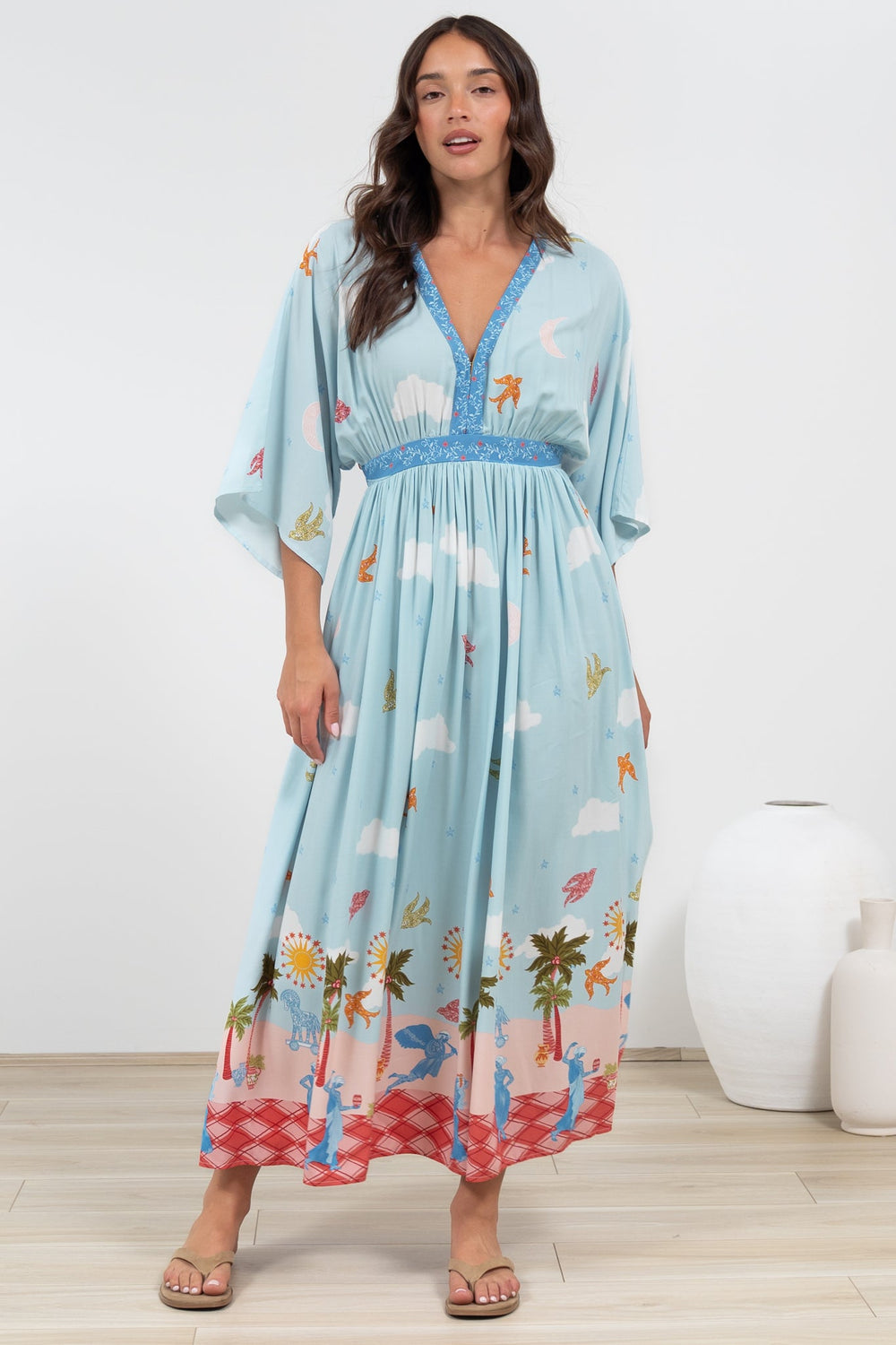 Zelle Maxi Dress - V Neck Batwing Sleeve Dress with Side Splits in Staria Print