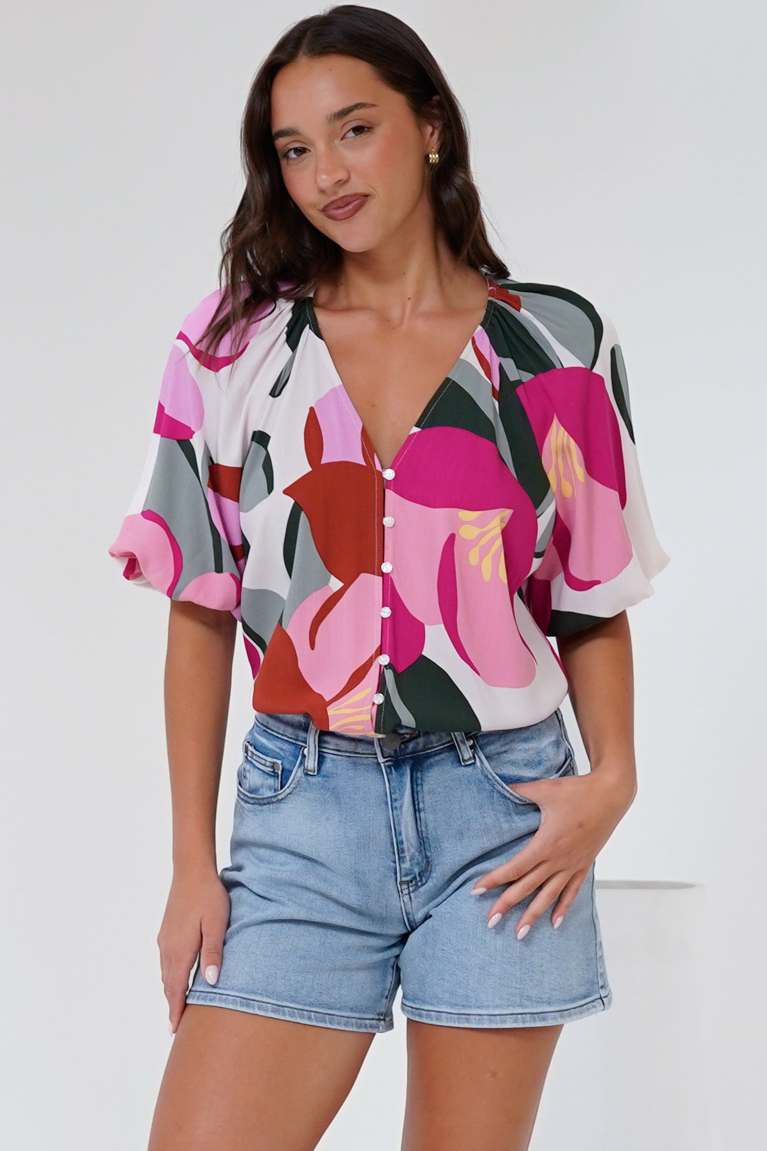 Zera Blouse - V Neck Button Down Blouse with 3/4 Sleeves in Perdita Print