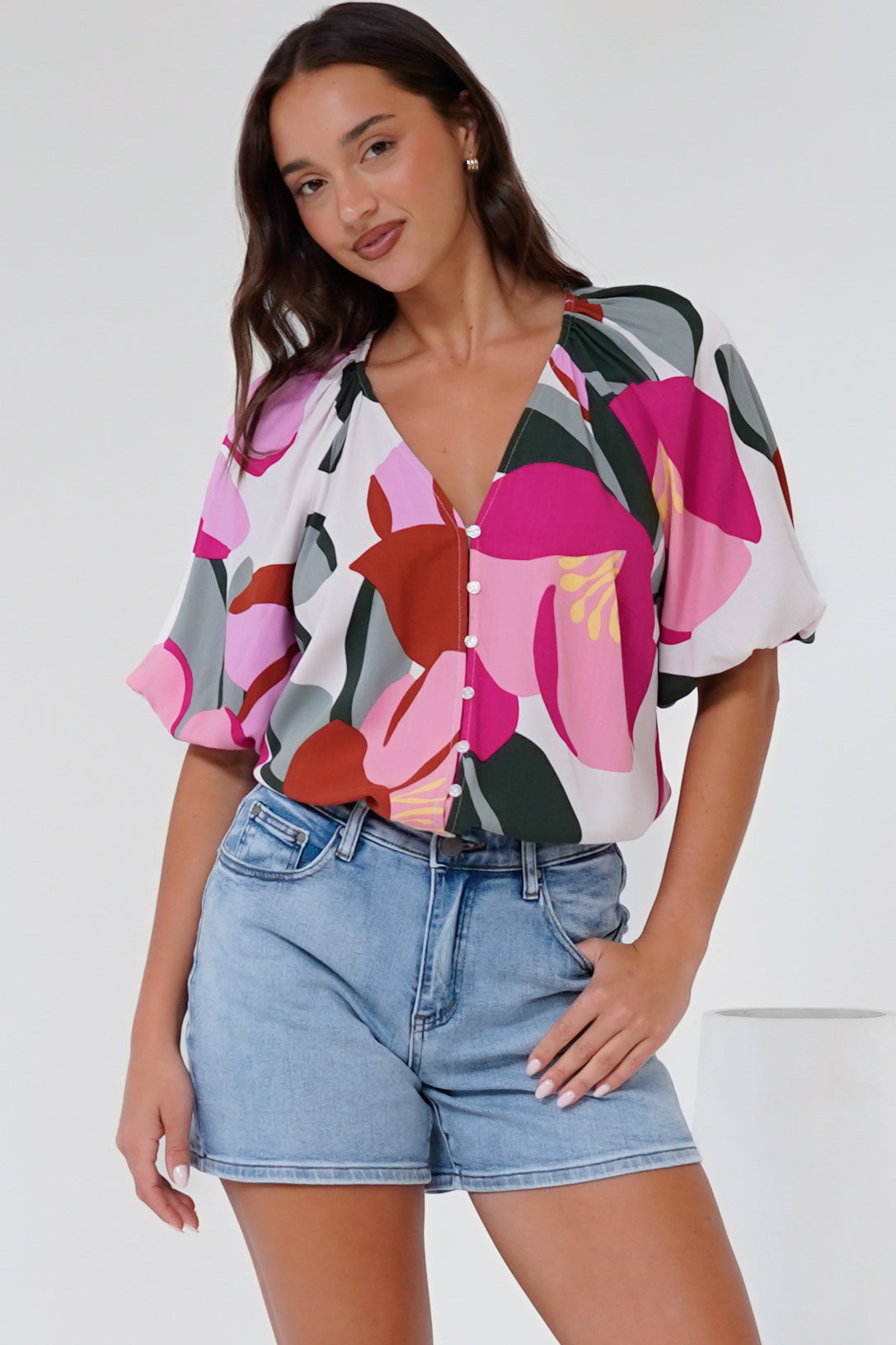 Zera Blouse - V Neck Button Down Blouse with 3/4 Sleeves in Perdita Print