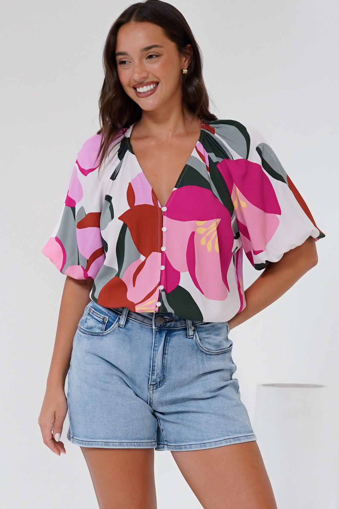 Zera Blouse - V Neck Button Down Blouse with 3/4 Sleeves in Perdita Print