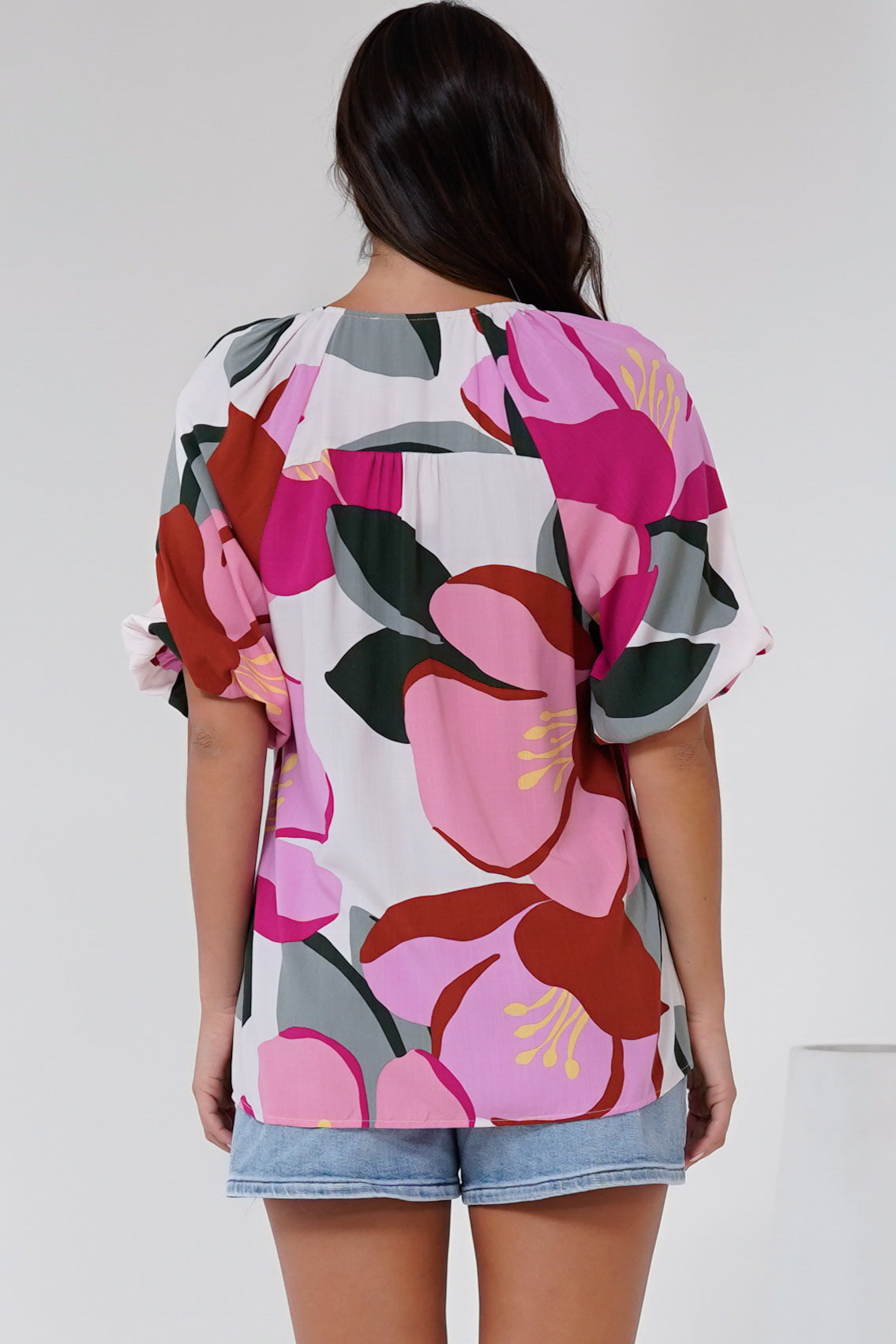 Zera Blouse - V Neck Button Down Blouse with 3/4 Sleeves in Perdita Print