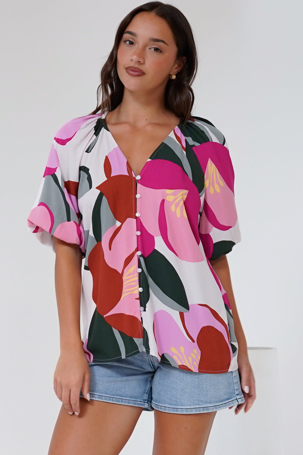 Zera Blouse - V Neck Button Down Blouse with 3/4 Sleeves in Perdita Print