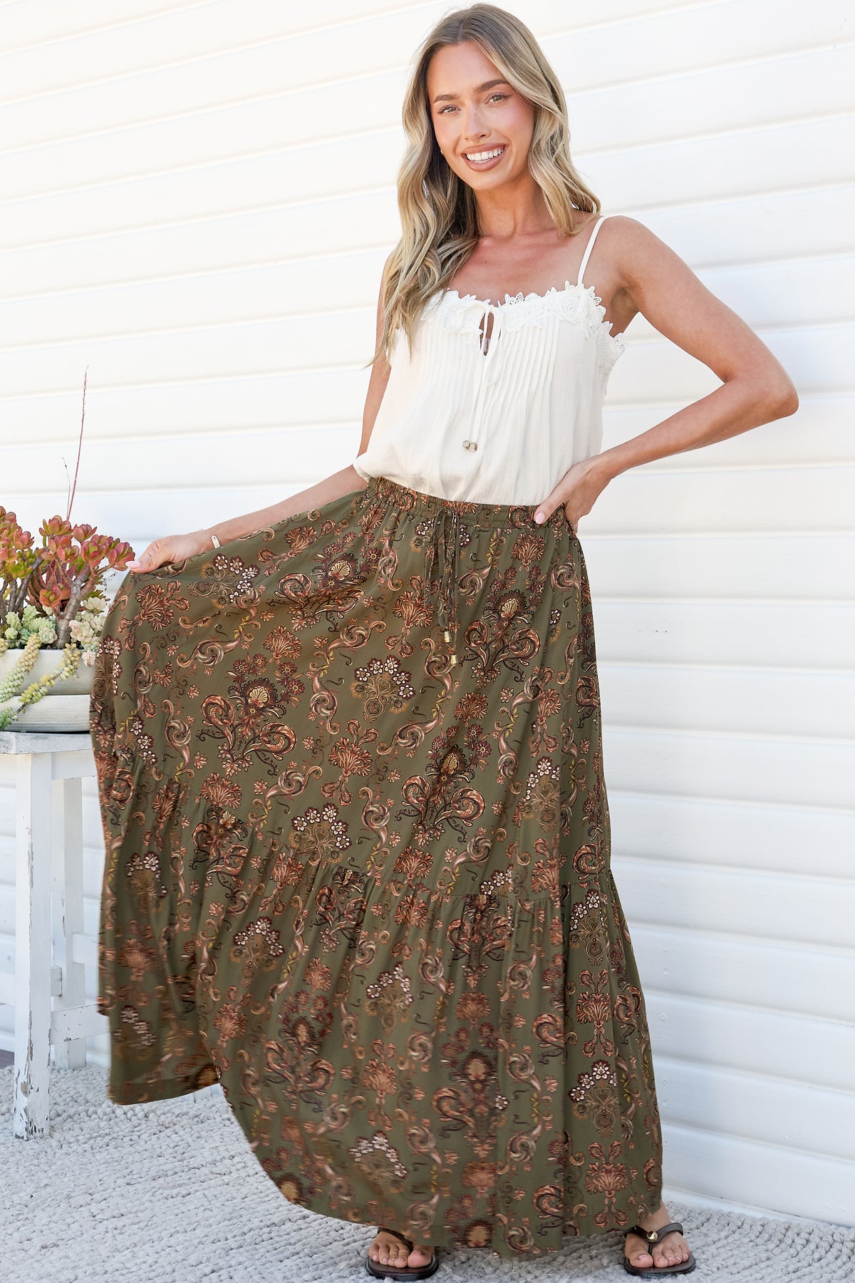 Zia Maxi Skirt - High Waisted Skirt with Tassel Waist Tie and Front Splits in Amani Print