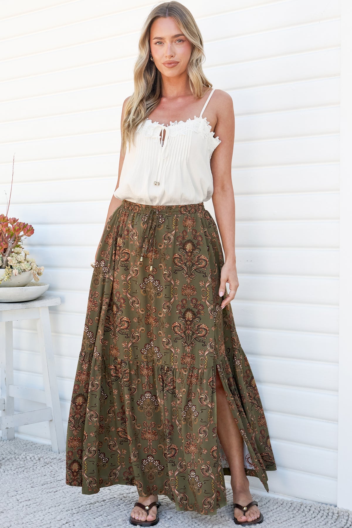 Zia Maxi Skirt - High Waisted Skirt with Tassel Waist Tie and Front Splits in Amani Print