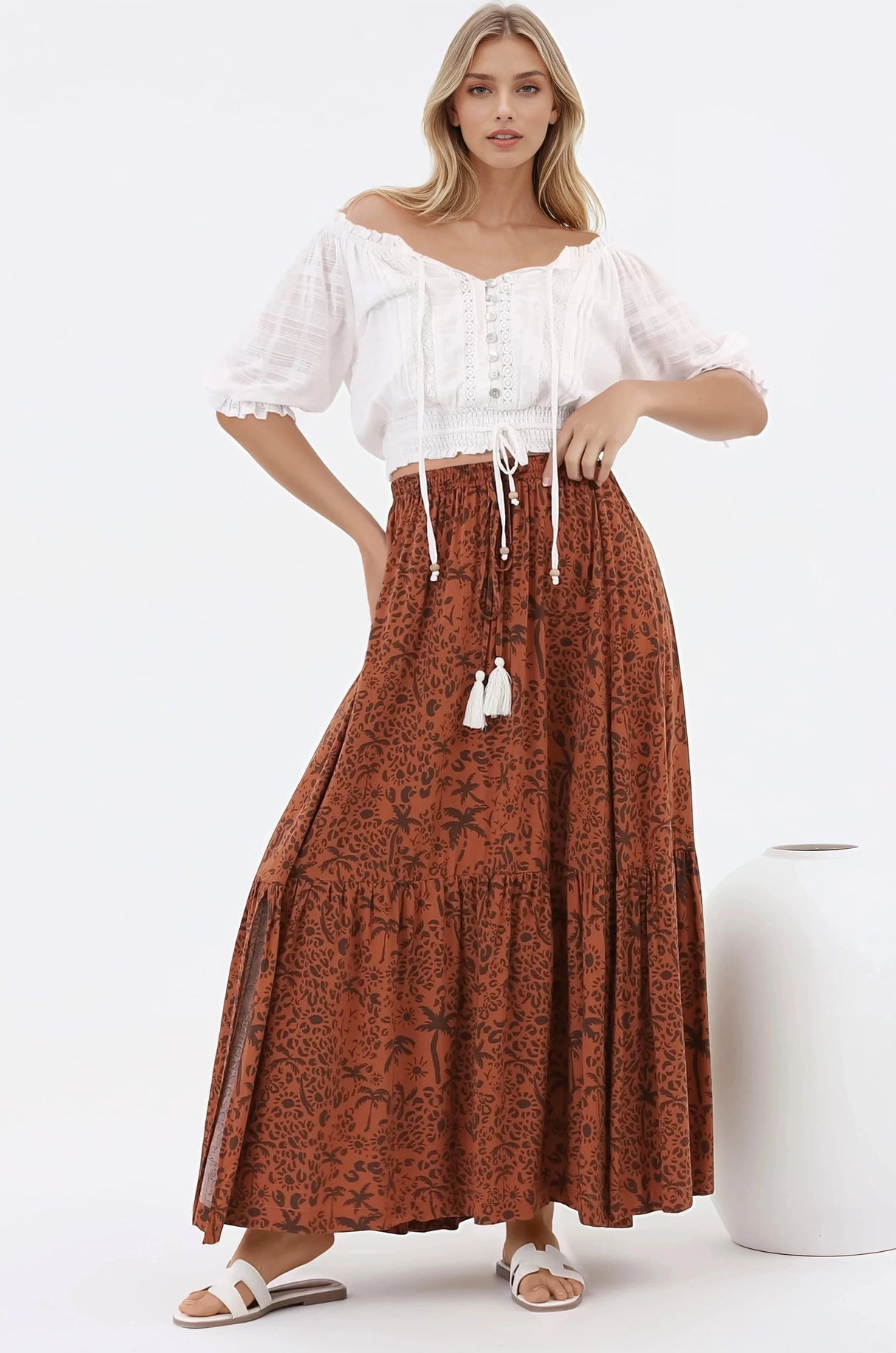 Zia Maxi Skirt - High Waisted Skirt with Front Splits in Ayana Print
