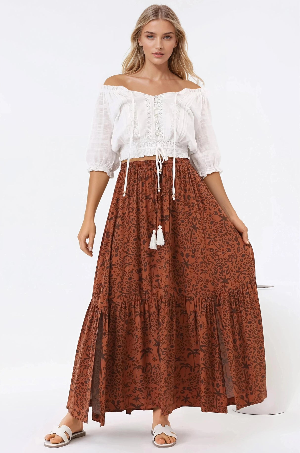 Zia Maxi Skirt - High Waisted Skirt with Front Splits in Ayana Print