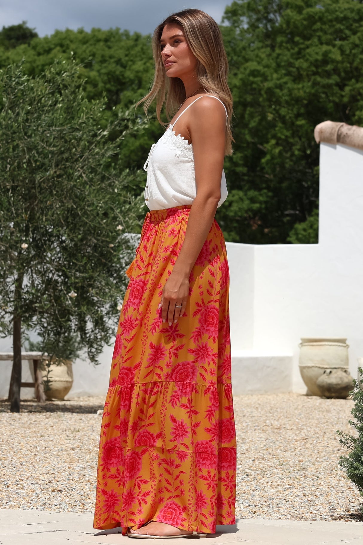 Zia Maxi Skirt - High Waisted Skirt with Tassel Waist Tie and Front Splits in Betsey Print