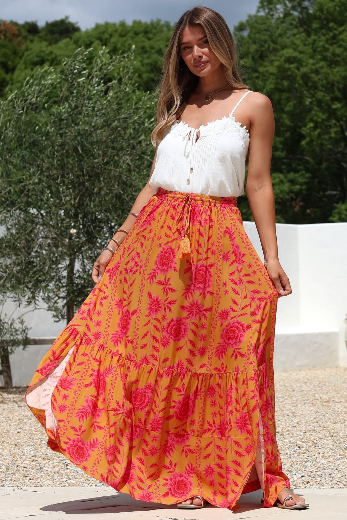 Zia Maxi Skirt - High Waisted Skirt with Tassel Waist Tie and Front Splits in Betsey Print