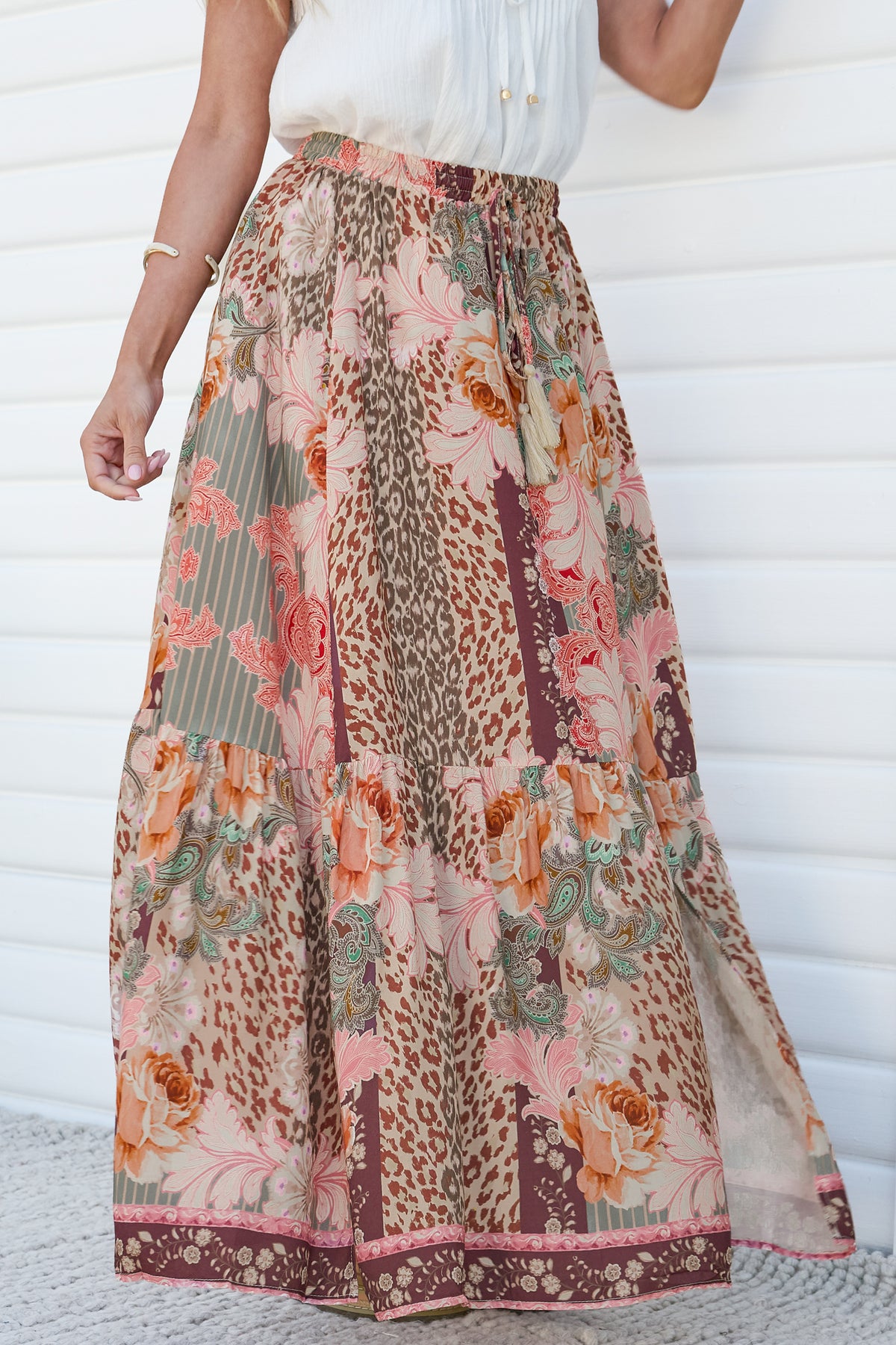 Zia Maxi Skirt - High Waisted Skirt with Tassel Waist Tie and Front Splits in Frannie Print