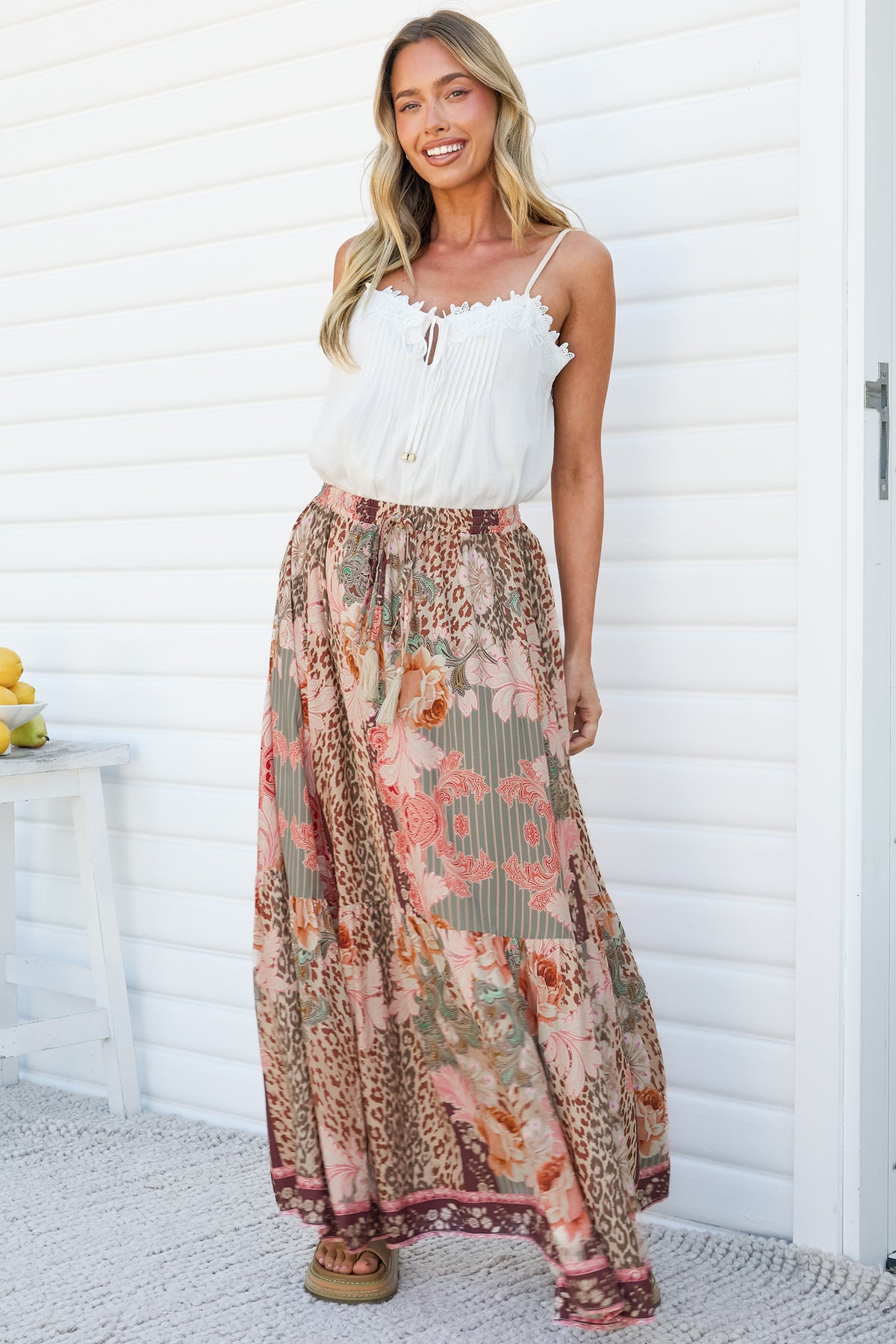 Zia Maxi Skirt - High Waisted Skirt with Tassel Waist Tie and Front Splits in Frannie Print