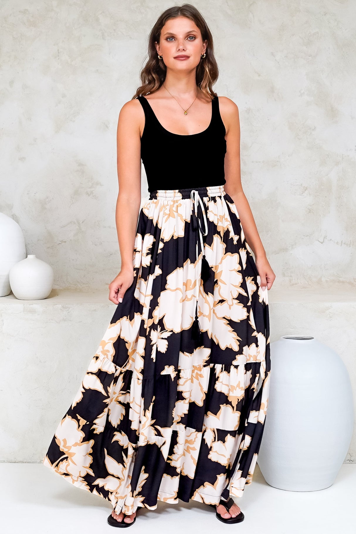 Zia Maxi Skirt - High Waisted Skirt with Tassel Waist Tie and Front Splits in Illaria Print