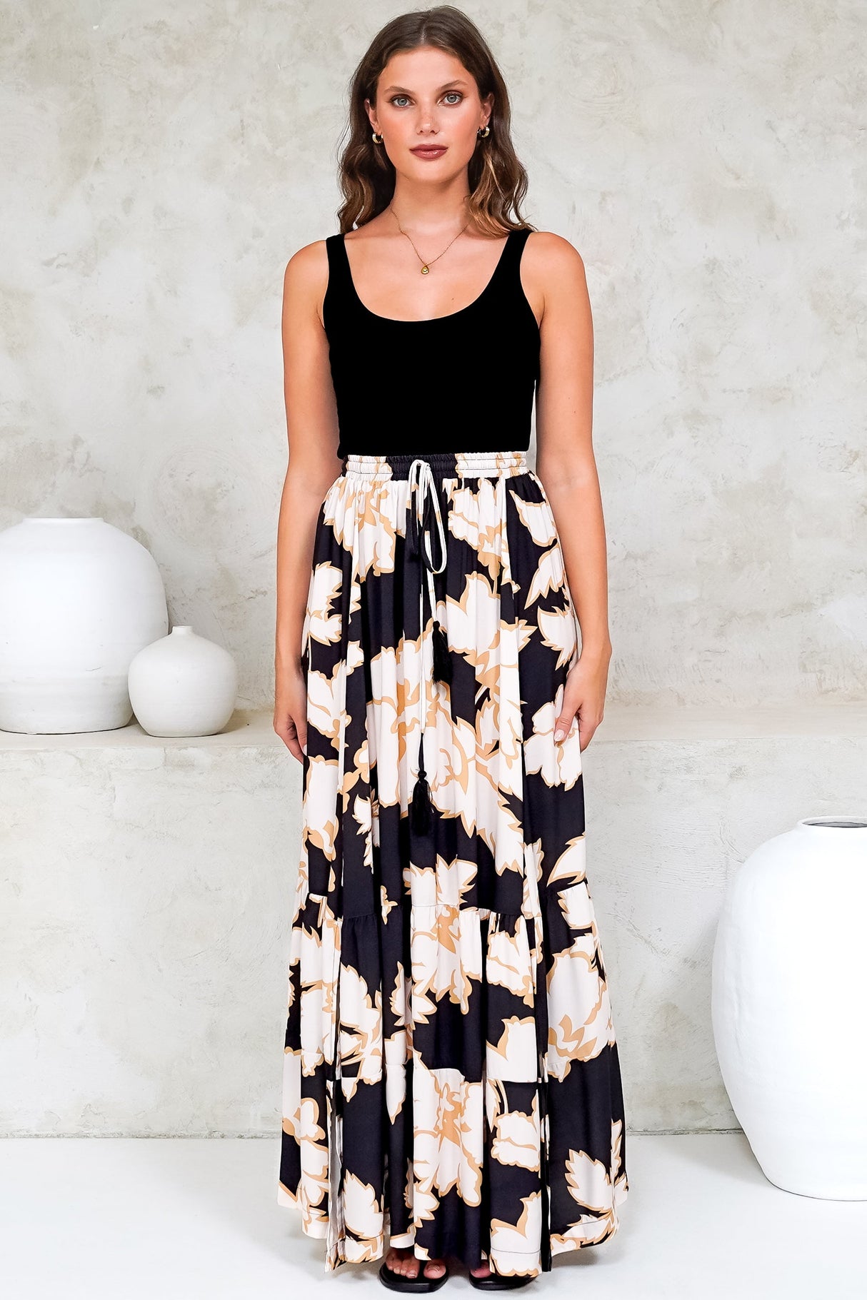 Zia Maxi Skirt - High Waisted Skirt with Tassel Waist Tie and Front Splits in Illaria Print