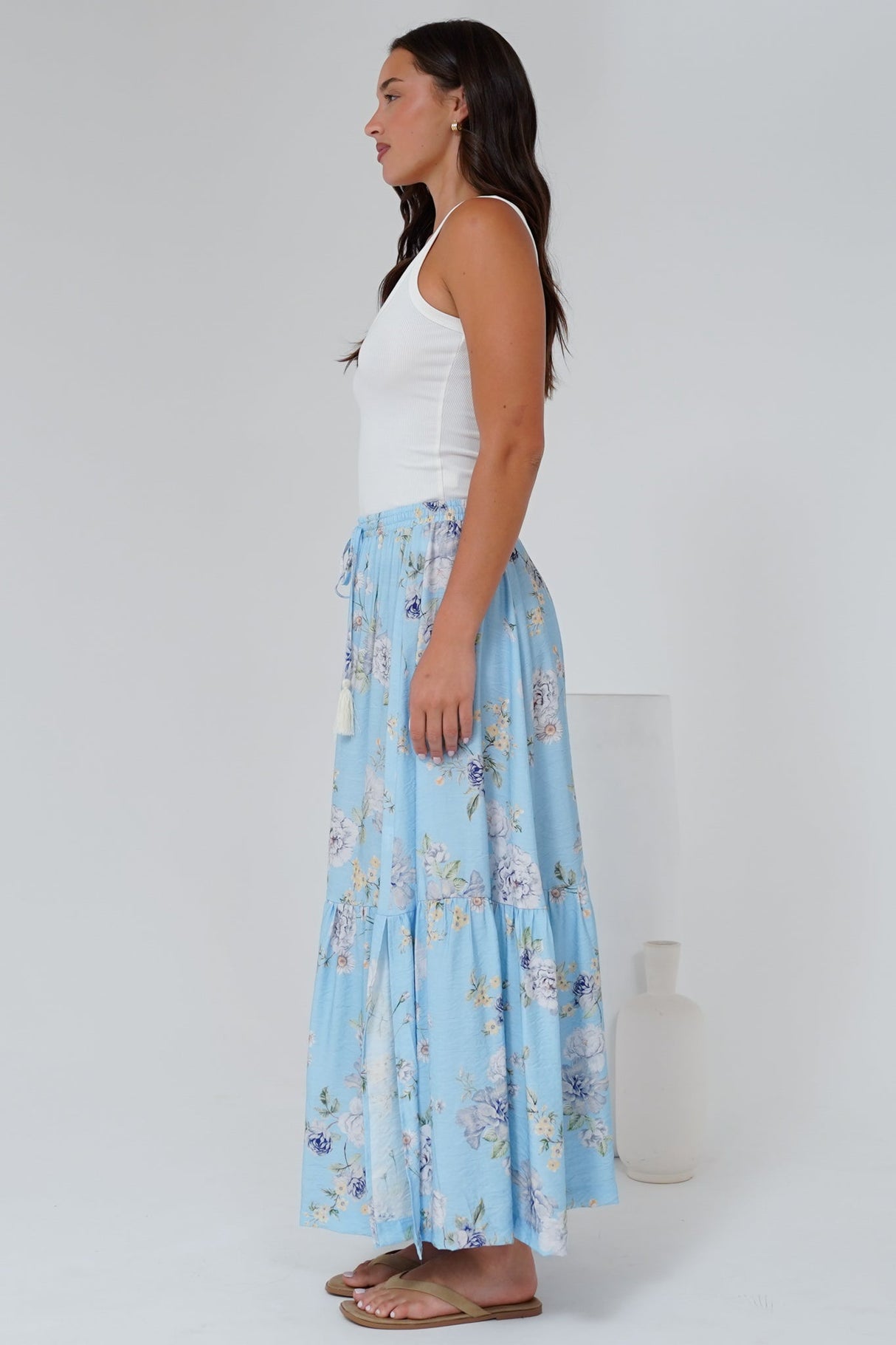 Zia Maxi Skirt - High Waisted Skirt with Tassel Waist Tie and Front Splits in Miranda Print