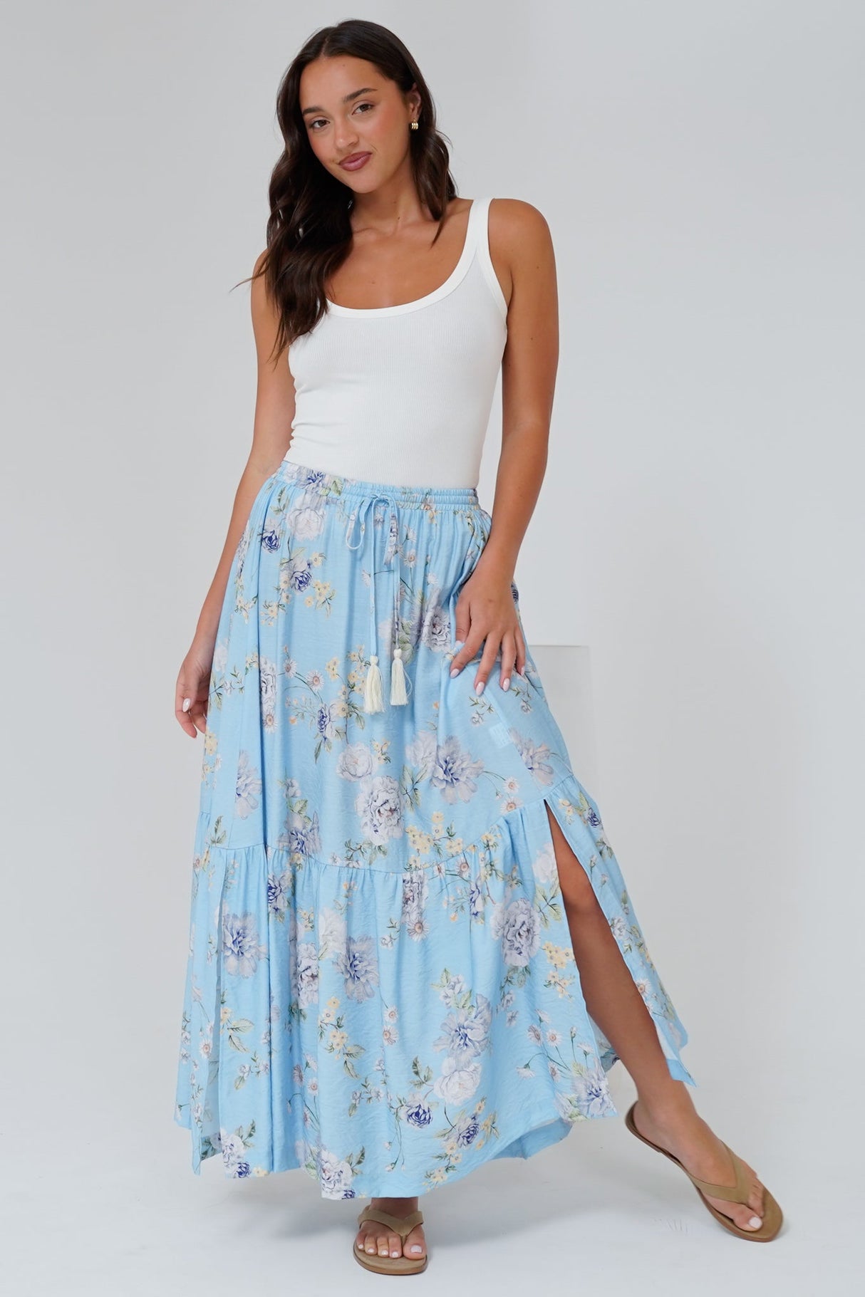 Zia Maxi Skirt - High Waisted Skirt with Tassel Waist Tie and Front Splits in Miranda Print