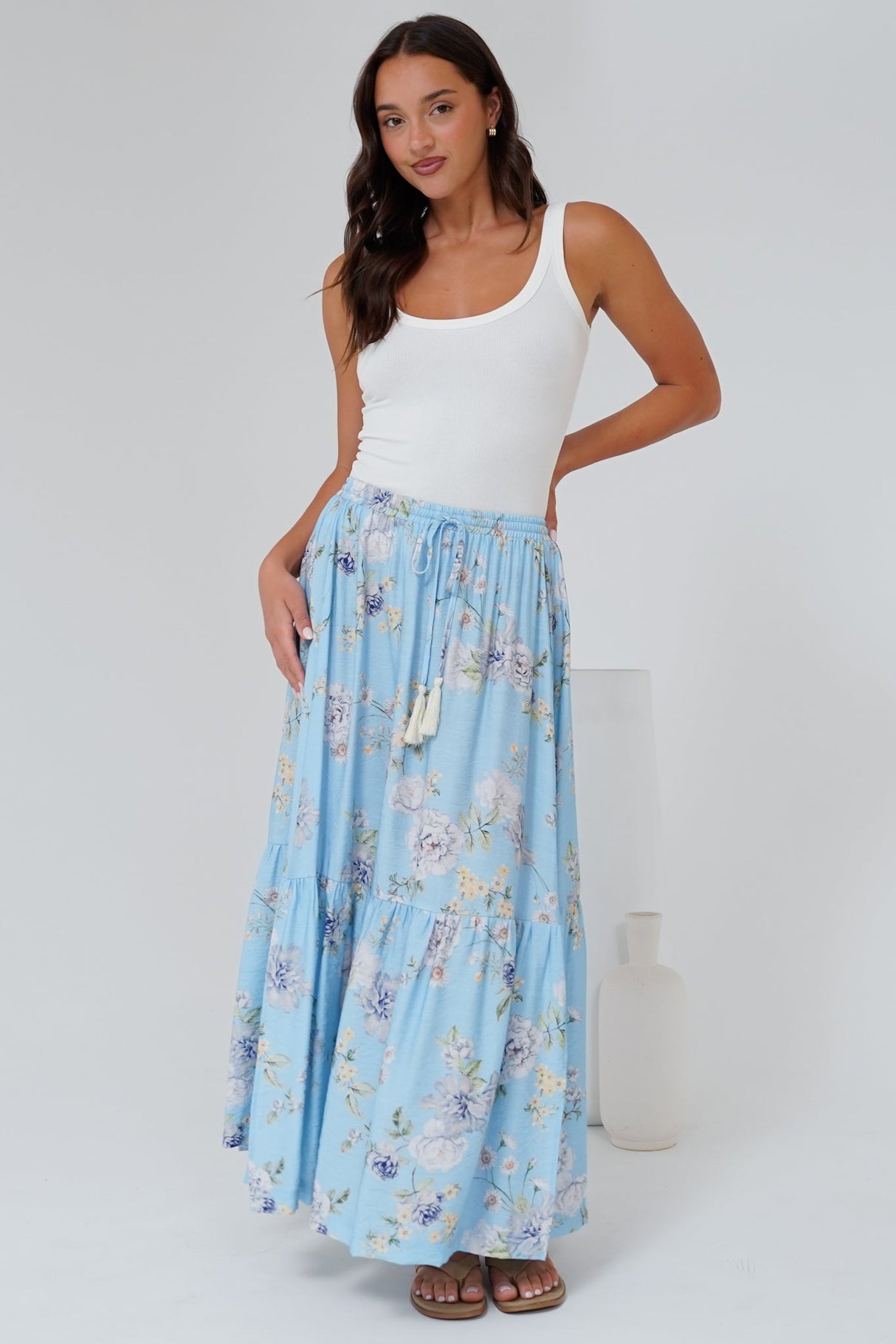 Zia Maxi Skirt - High Waisted Skirt with Tassel Waist Tie and Front Splits in Miranda Print