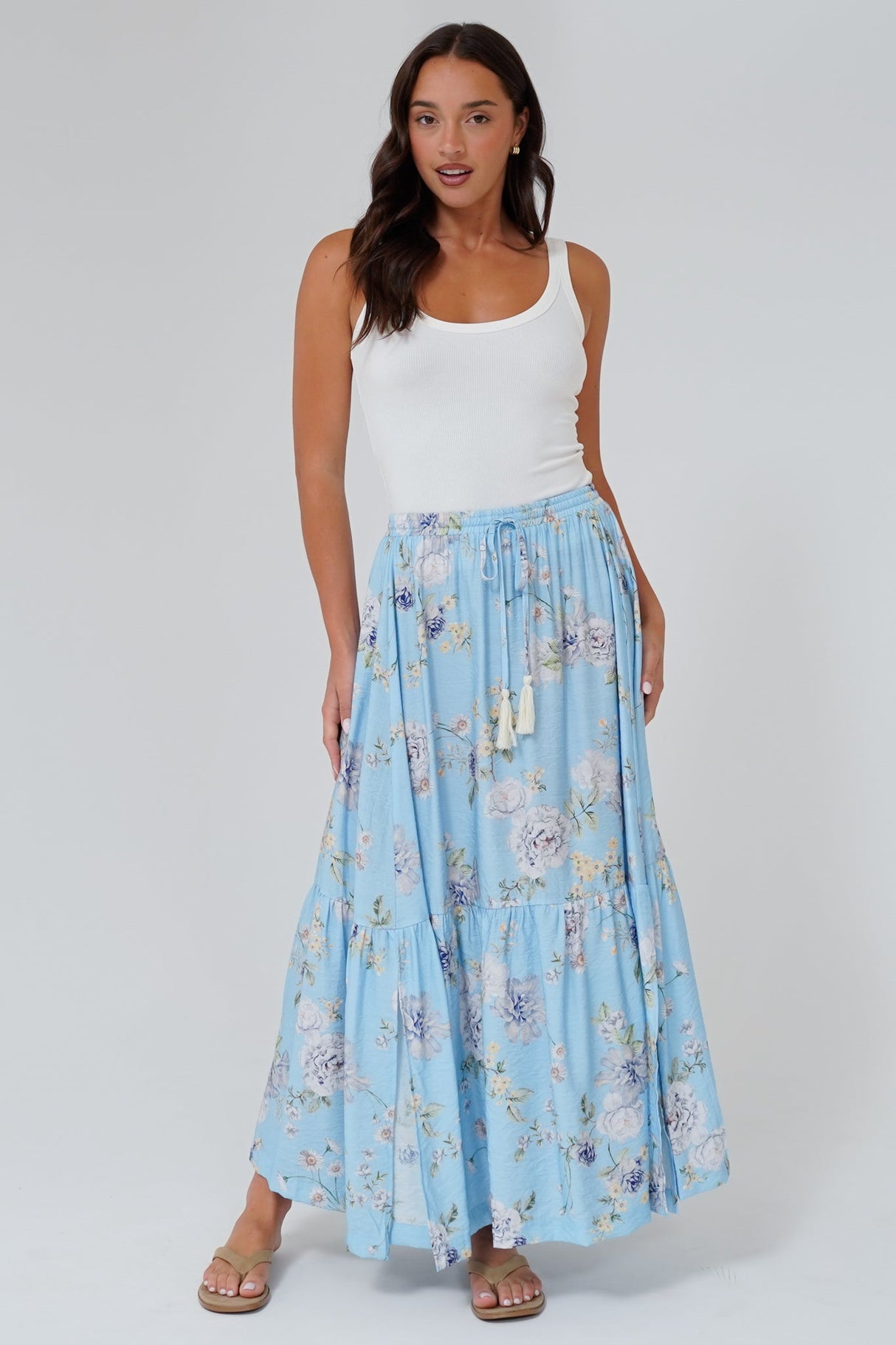 Zia Maxi Skirt - High Waisted Skirt with Tassel Waist Tie and Front Splits in Miranda Print