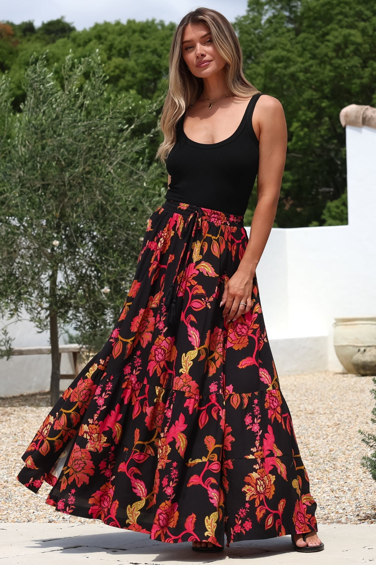 Zia Maxi Skirt - High Waisted Skirt with Tassel Waist Tie and Front Splits in Loraine Print