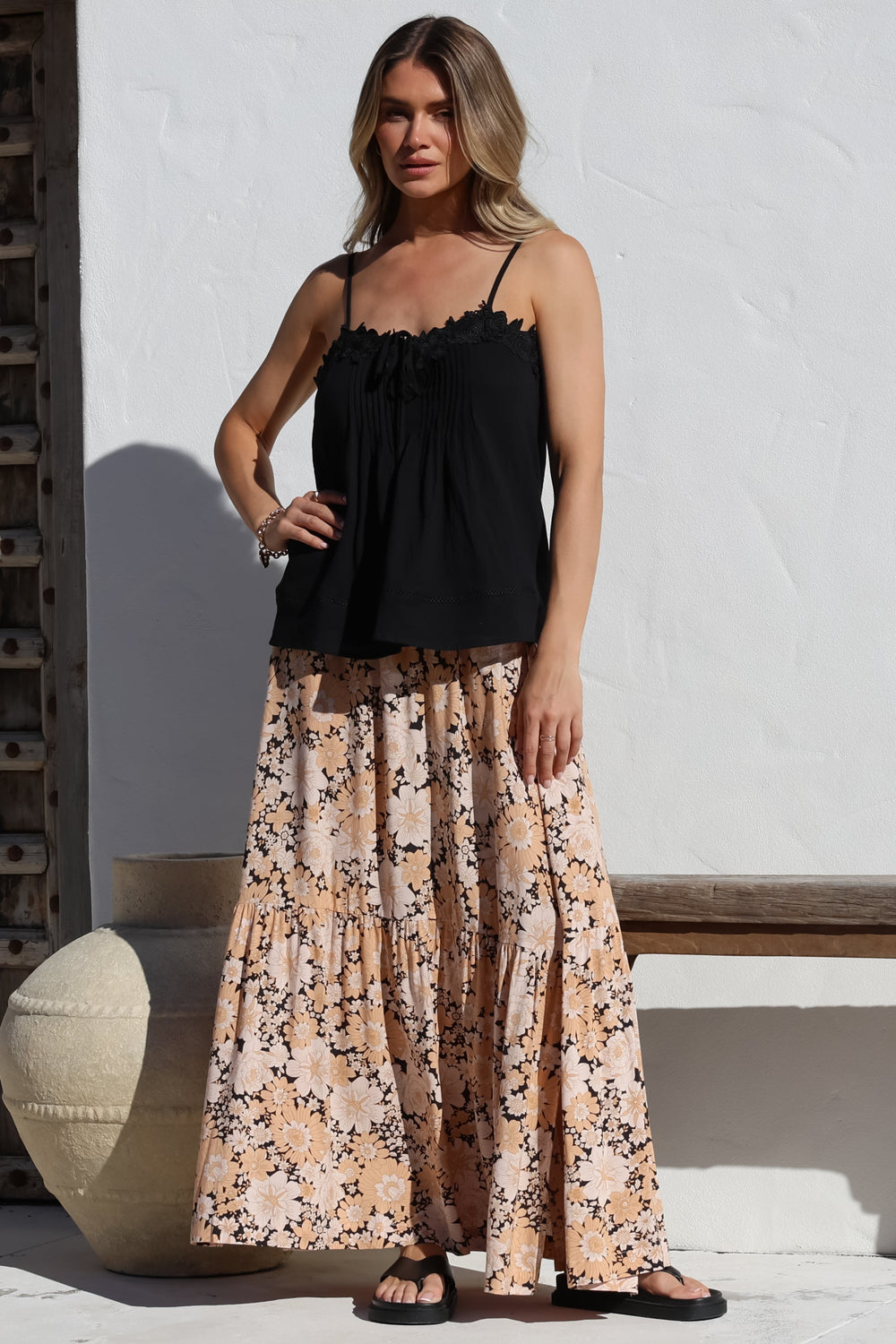 Zia Maxi Skirt - High Waisted Skirt with Tassel Waist Tie and Front Splits in Lyanna Print