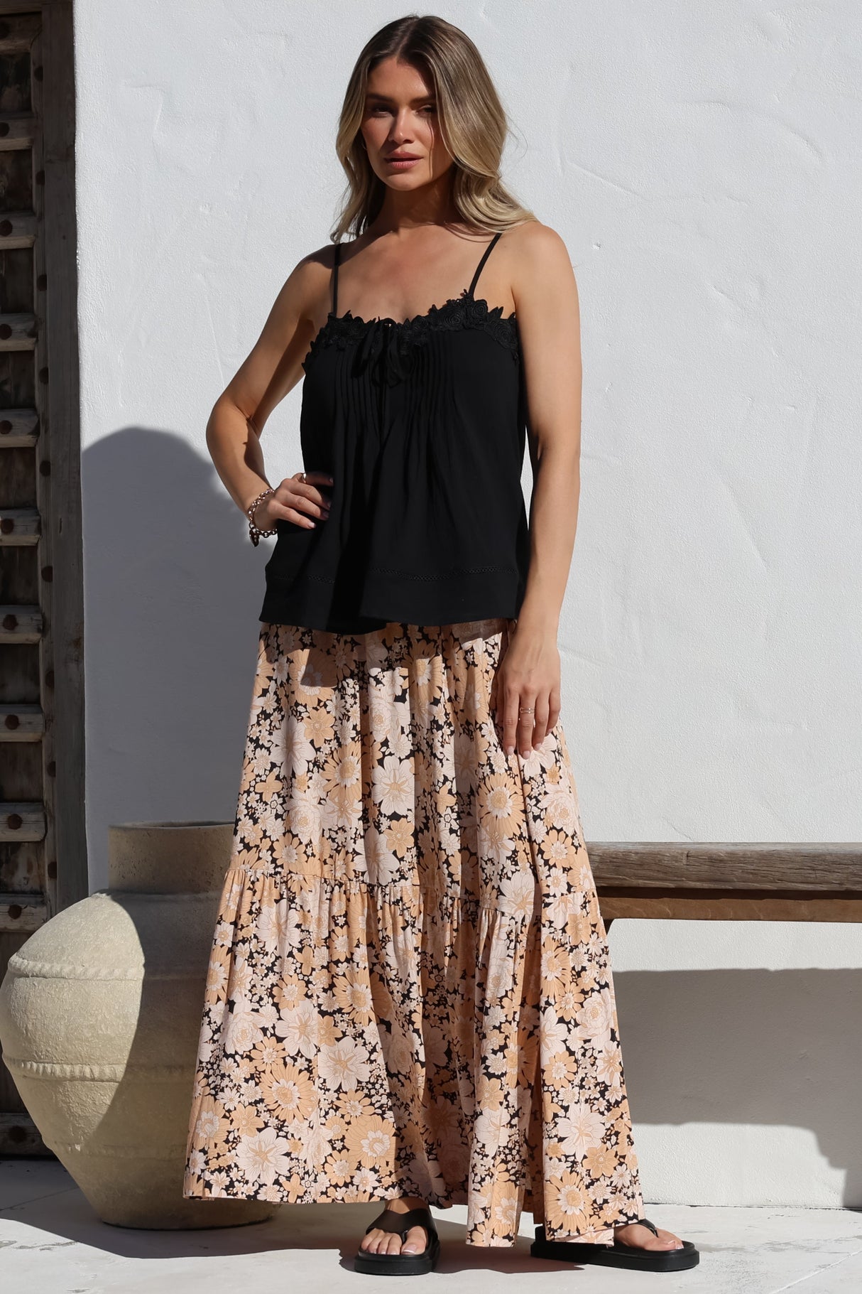 Zia Maxi Skirt - High Waisted Skirt with Tassel Waist Tie and Front Splits in Lyanna Print