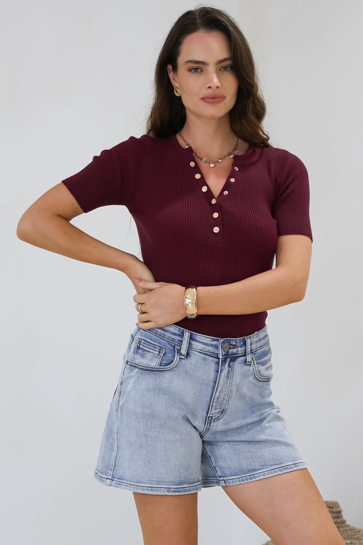 Zian Knit Top - Gold Button Neckline Ribbed Knit Top in Burgundy