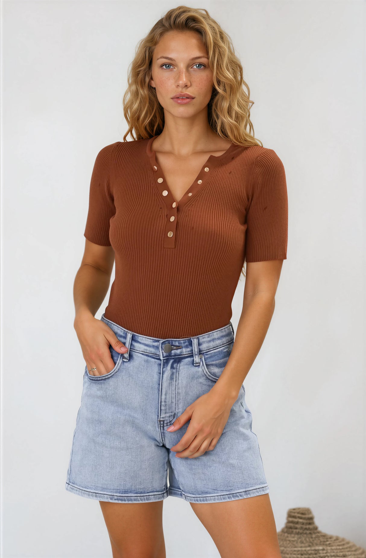 Zian Knit Top - Gold Button Neckline Ribbed Knit Top in Rust