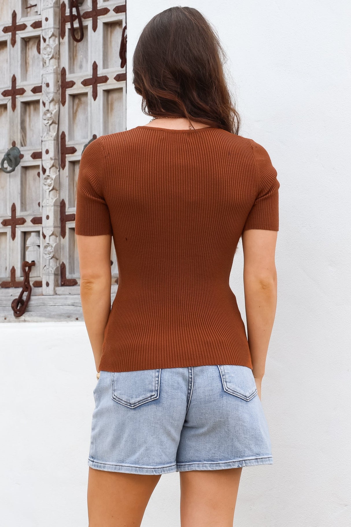 Zian Knit Top - Gold Button Neckline Ribbed Knit Top in Rust