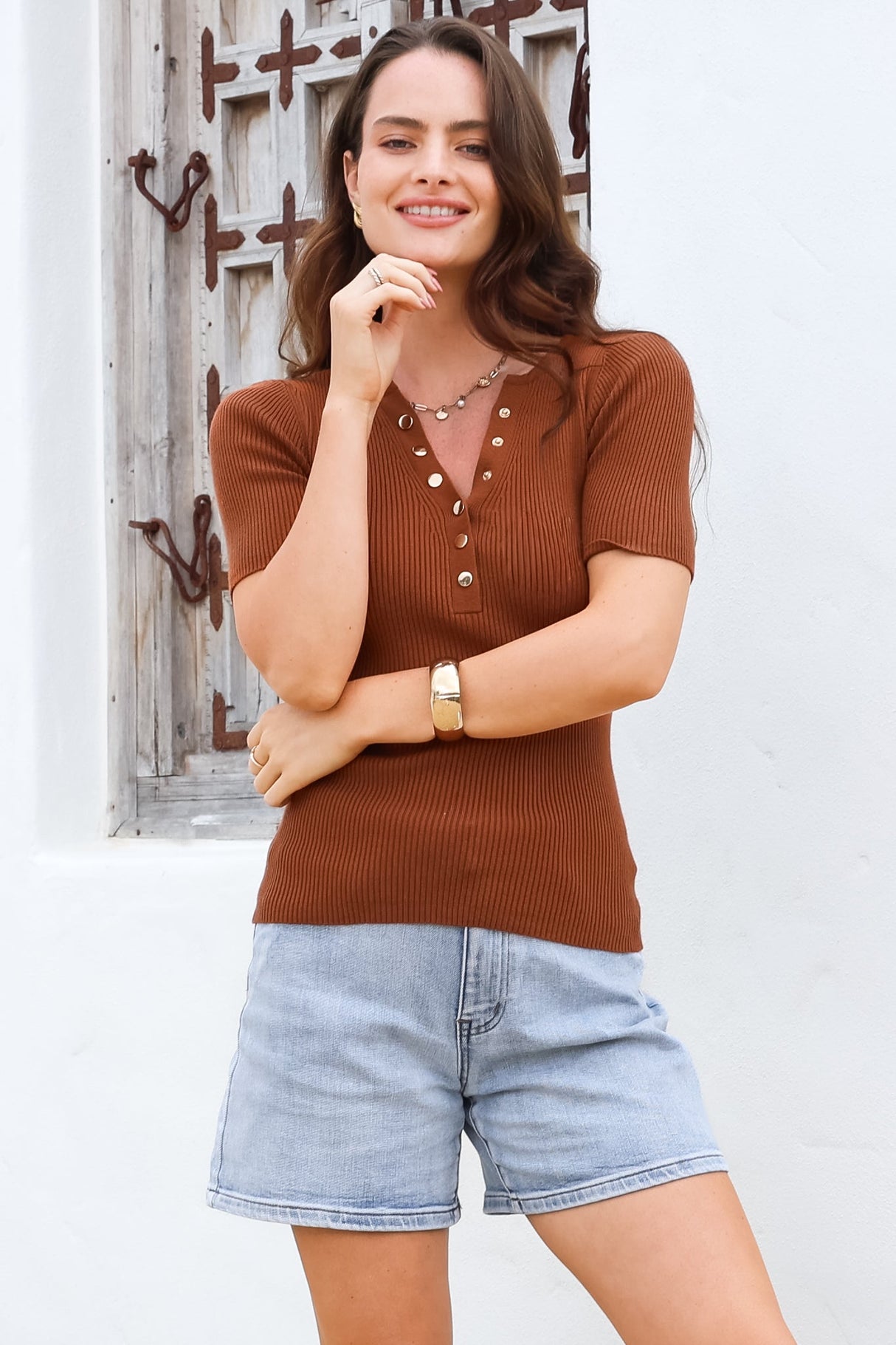 Zian Knit Top - Gold Button Neckline Ribbed Knit Top in Rust