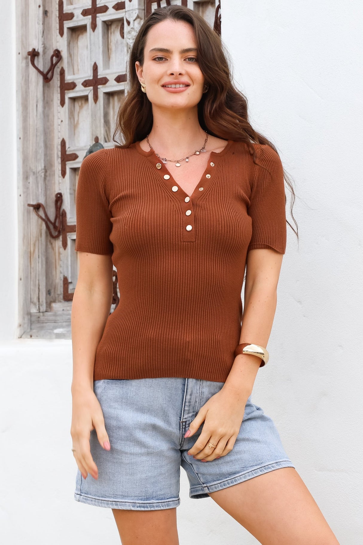 Zian Knit Top - Gold Button Neckline Ribbed Knit Top in Rust