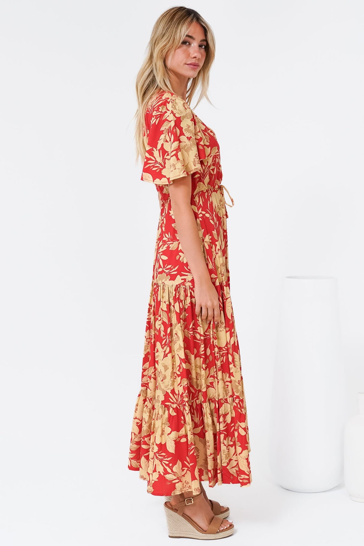 Ziggy Maxi Dress - Cap Sleeve Tiered Dress with Pull Tie Waist in Chianti Print Red