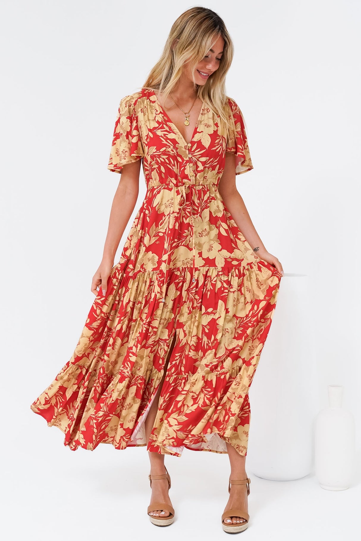 Ziggy Maxi Dress - Cap Sleeve Tiered Dress with Pull Tie Waist in Chianti Print Red