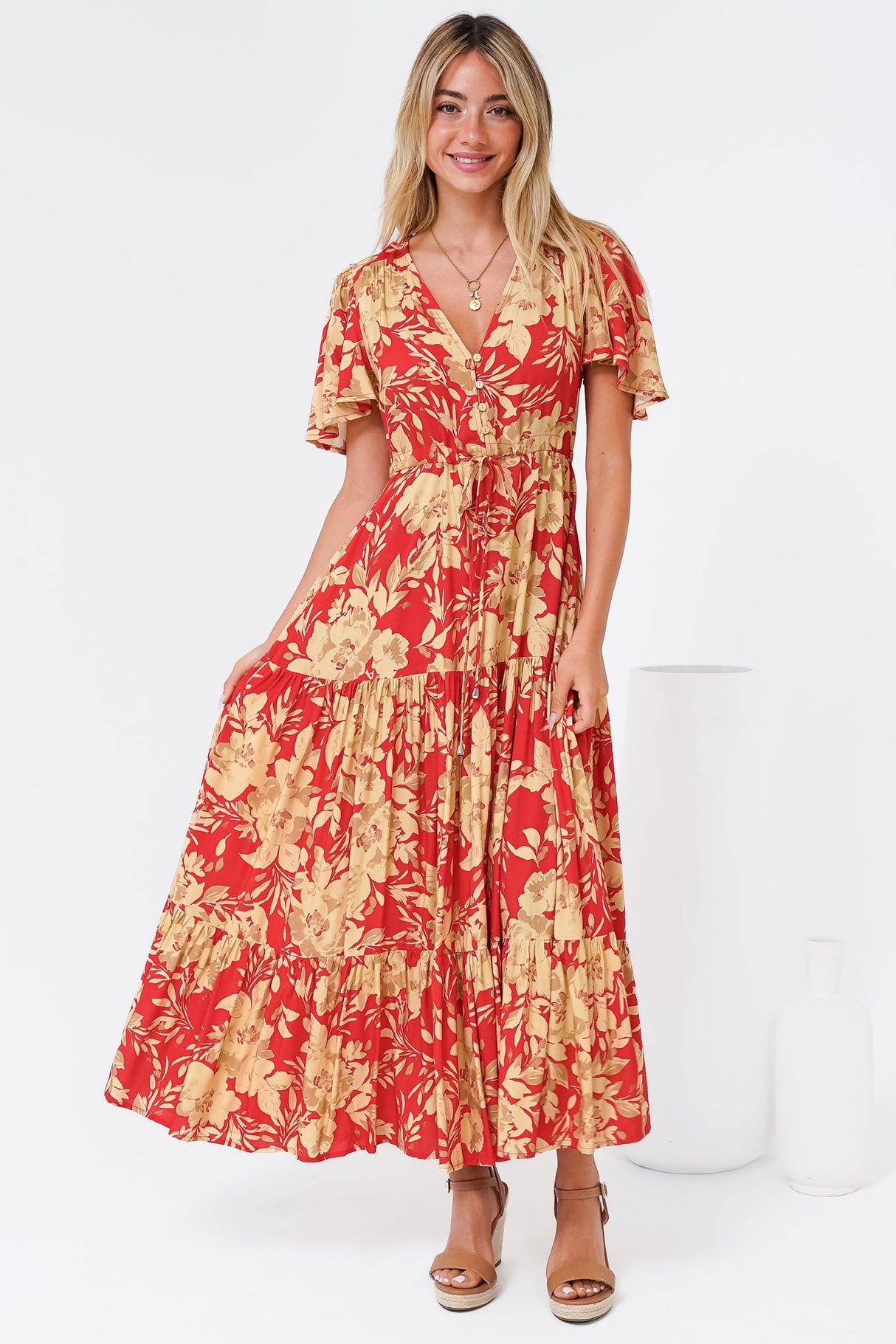 Ziggy Maxi Dress - Cap Sleeve Tiered Dress with Pull Tie Waist in Chianti Print Red
