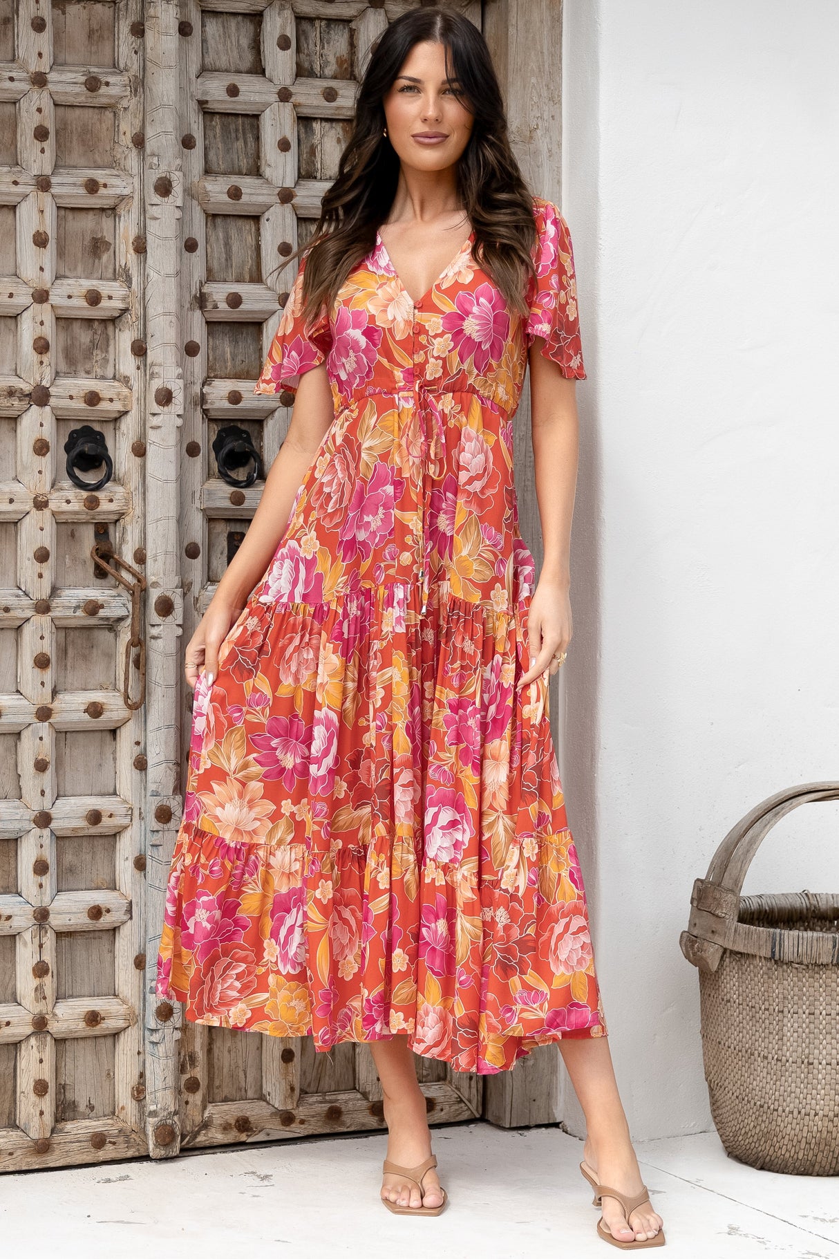 Ziggy Maxi Dress - Cap Sleeve Tiered Dress with Pull Tie Waist in Mirella Print