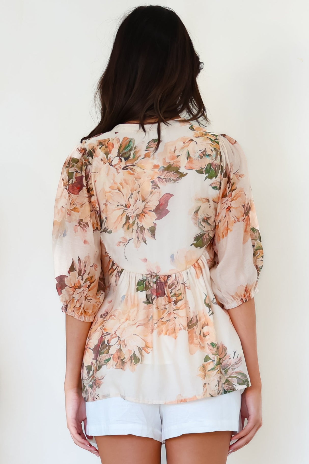 Ziva Blouse - Mandarin Collar Button Down with Sheer Balloon Sleeves in Arles Print Peach