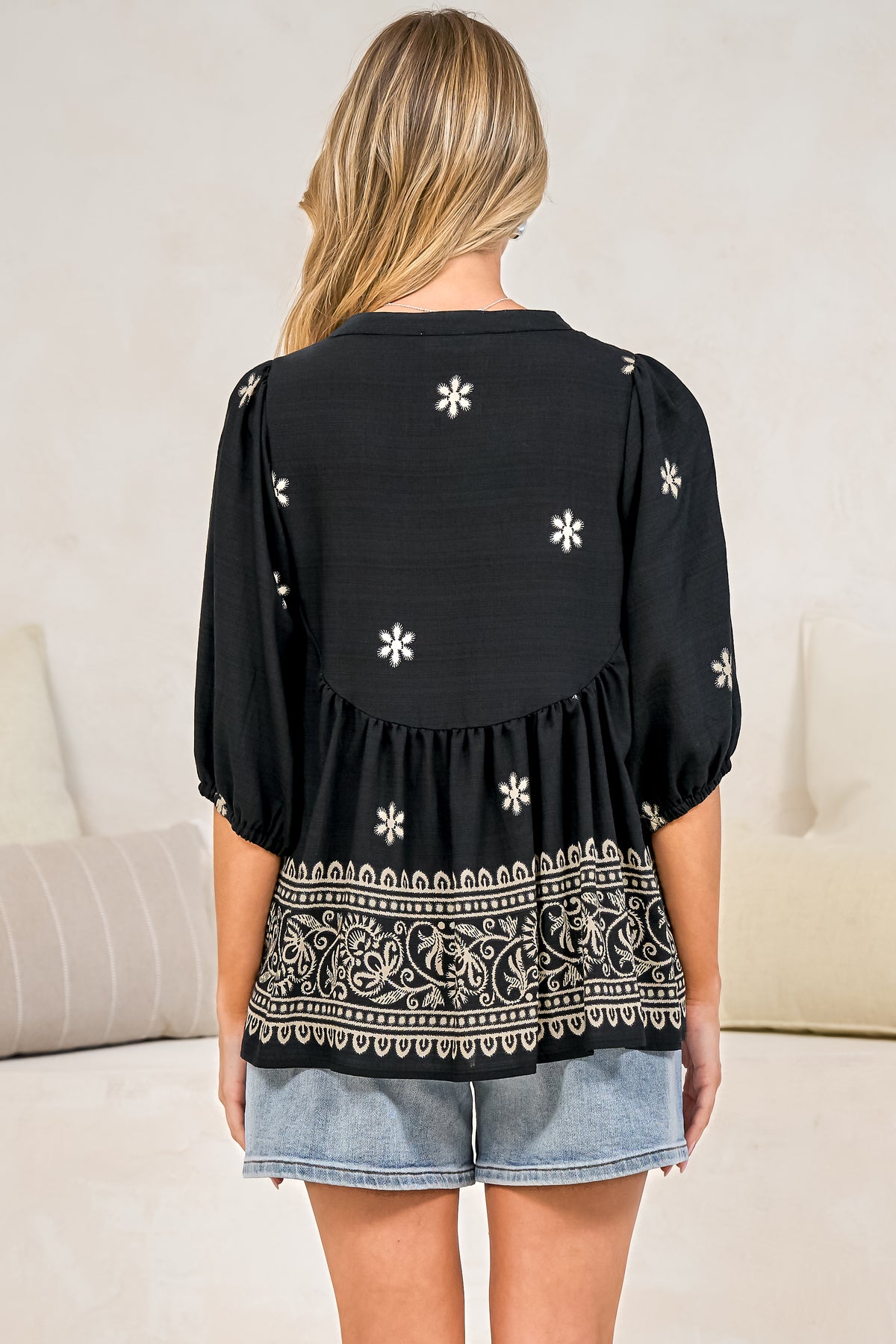 Ziva Blouse - Mandarin Collar Button Down with Balloon Sleeves in Moka Print Black