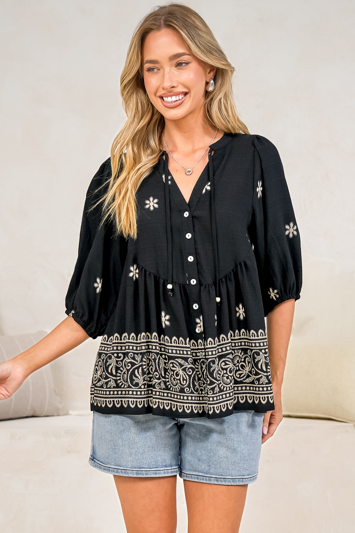 Ziva Blouse - Mandarin Collar Button Down with Balloon Sleeves in Moka Print Black