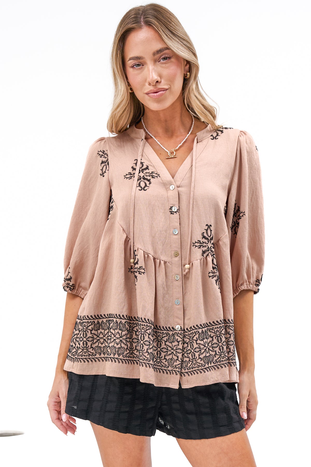Ziva Blouse - Mandarin Collar Button Down with Balloon Sleeves in Mohana Print Blush