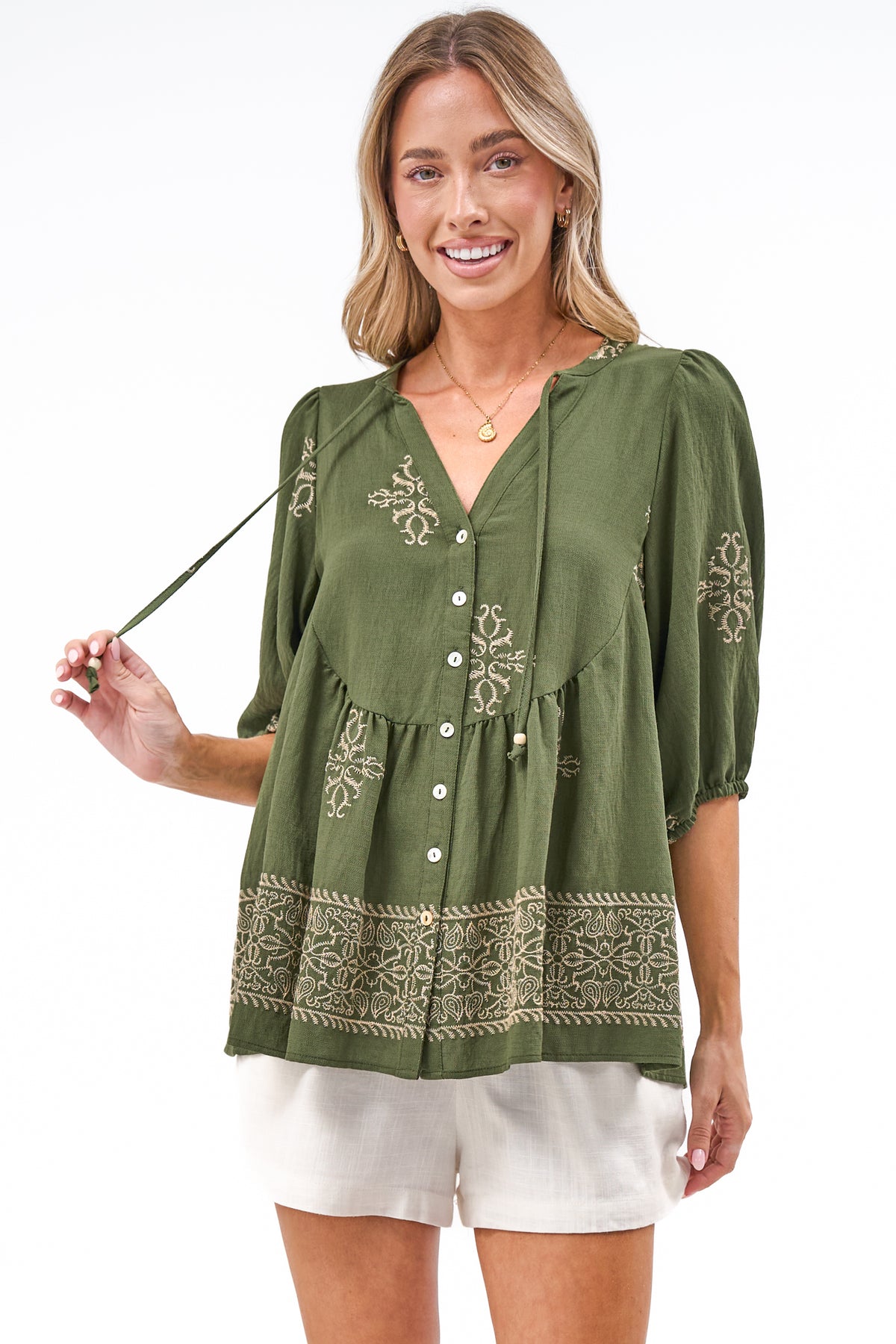 Ziva Blouse - Mandarin Collar Button Down with Balloon Sleeves in Mohana Print Green