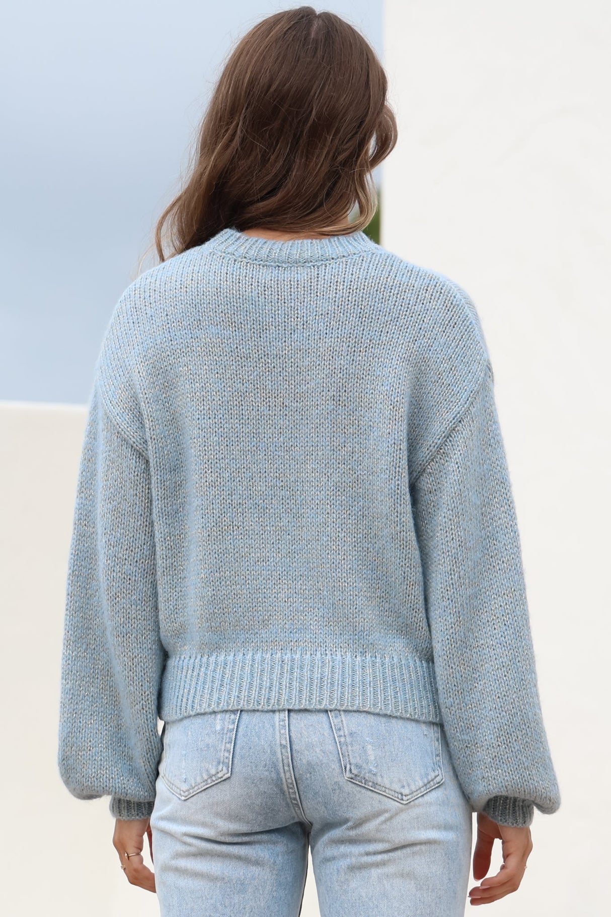 Zoe Jumper - Crew Neck Gold Speck Knit Jumper with Flower Decal in Blue