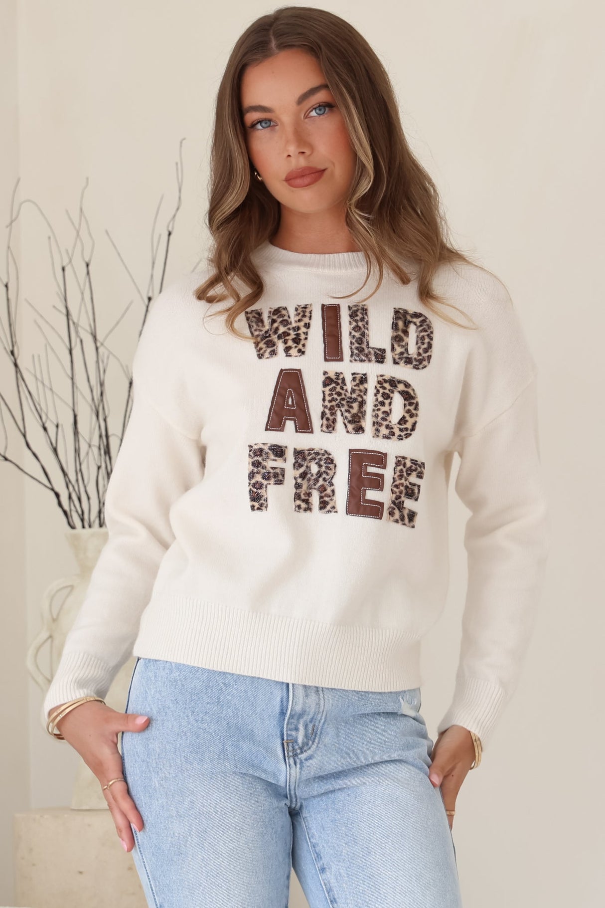 Zyon Jumper - Crew Neck Wild and Free Graphic Jumper in Cream